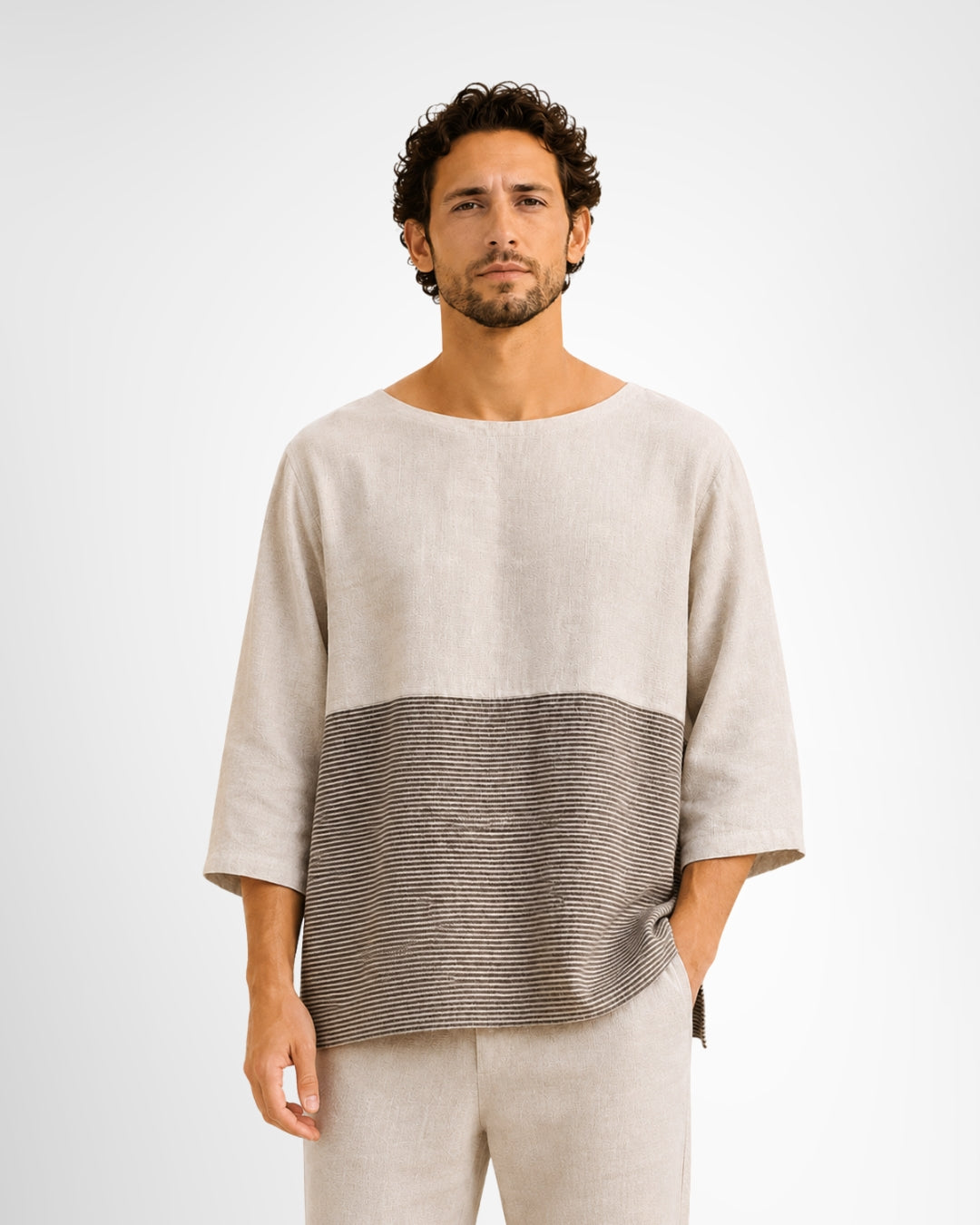 Model wearing the jen kahn Blocked Linen Top in natural pure linen with contrast stripe panel detail and relaxed fit.