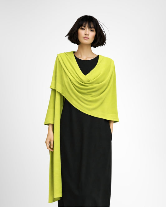 Model wearing the jen kahn Kimono Wrap in a soft wool blend with a draped silhouette.