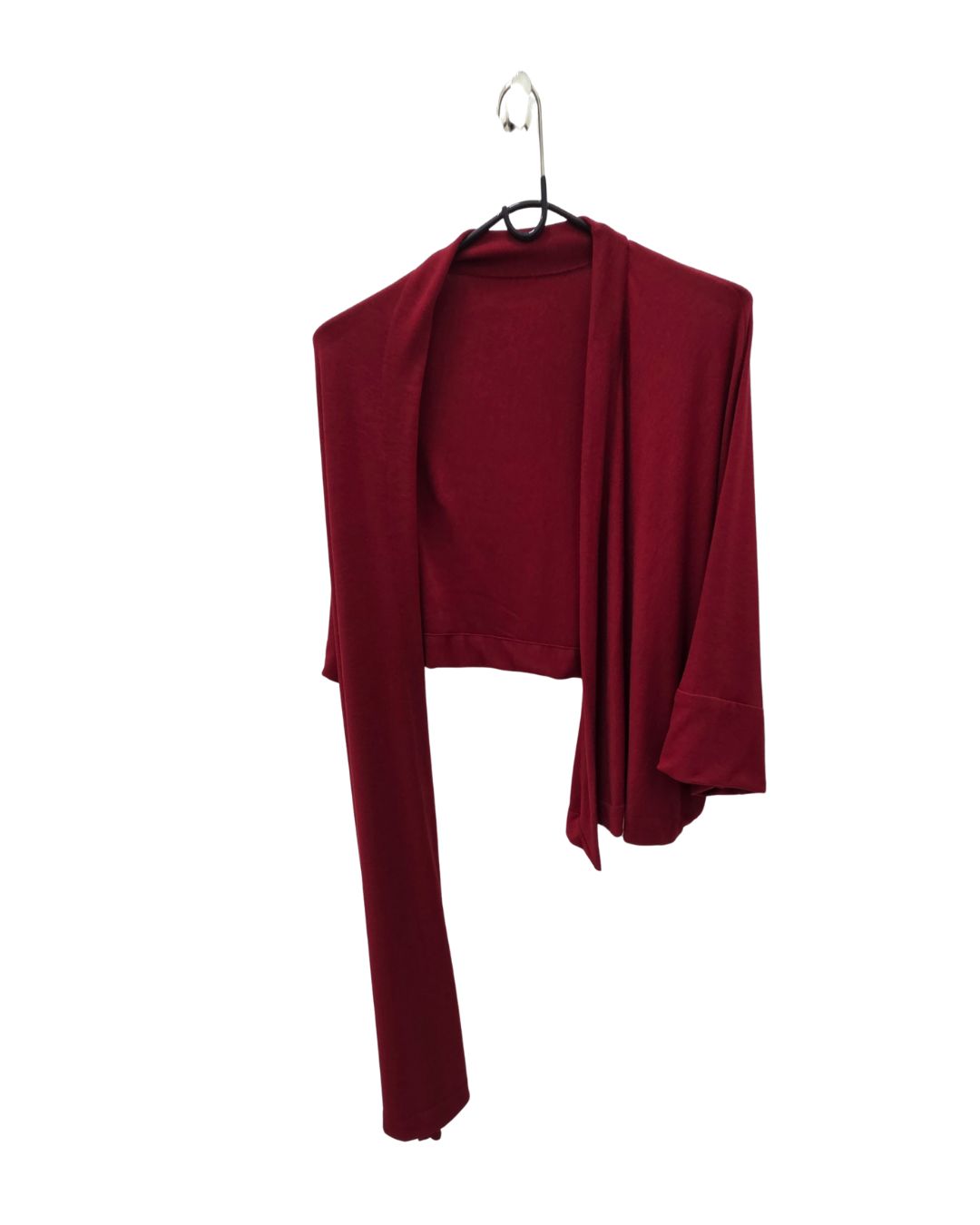 jen kahn Kimono Wrap in Claret open  — wool mix wrap with single-sleeve drape