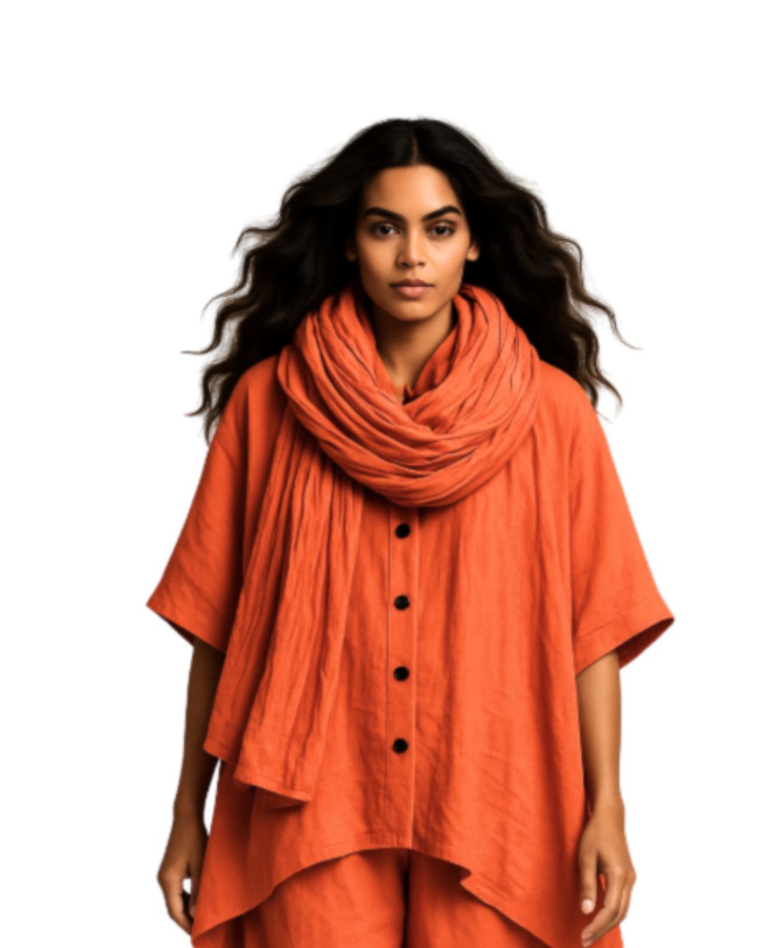 model wearing jen kahn Large Linen Scarf – oversized draped linen scarf