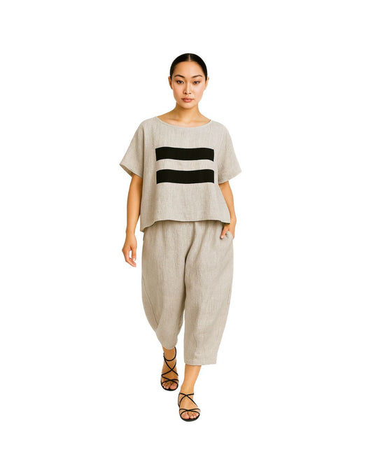 jen kahn Linear Linen Top in Natural – pure linen women’s top with linear print