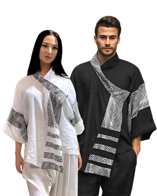 model wearing jen kahn Linen Asian Jacket – unisex pure linen outerwear