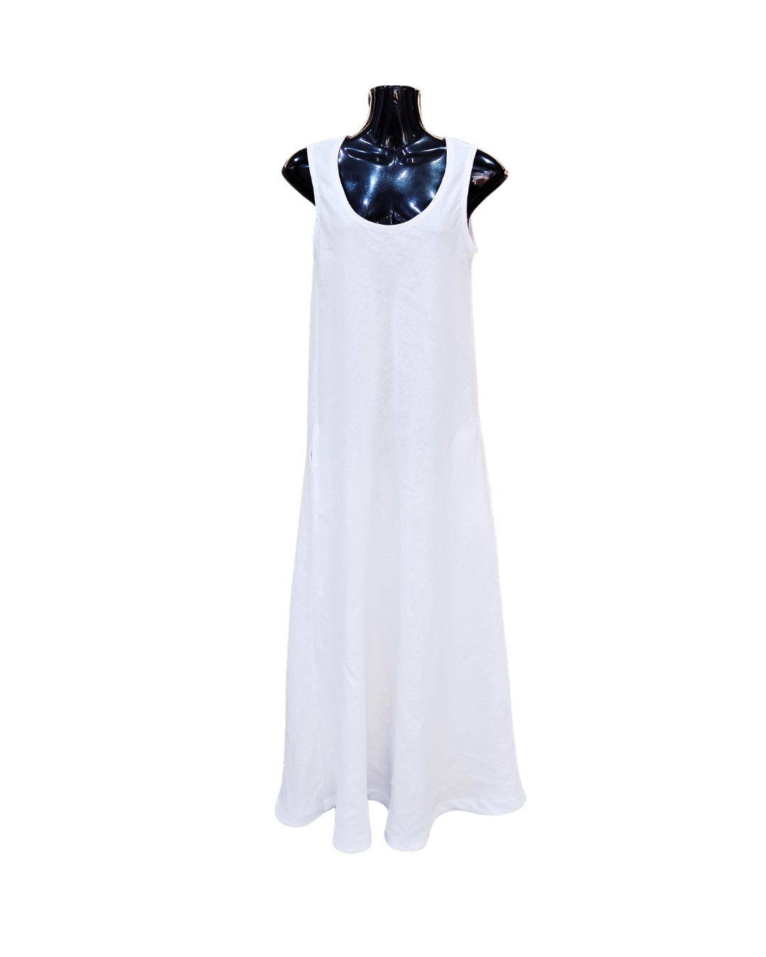 Linen Cruise Dress in White — bias-cut pure linen ankle-length dress shown on mannequin with clean scoop neckline