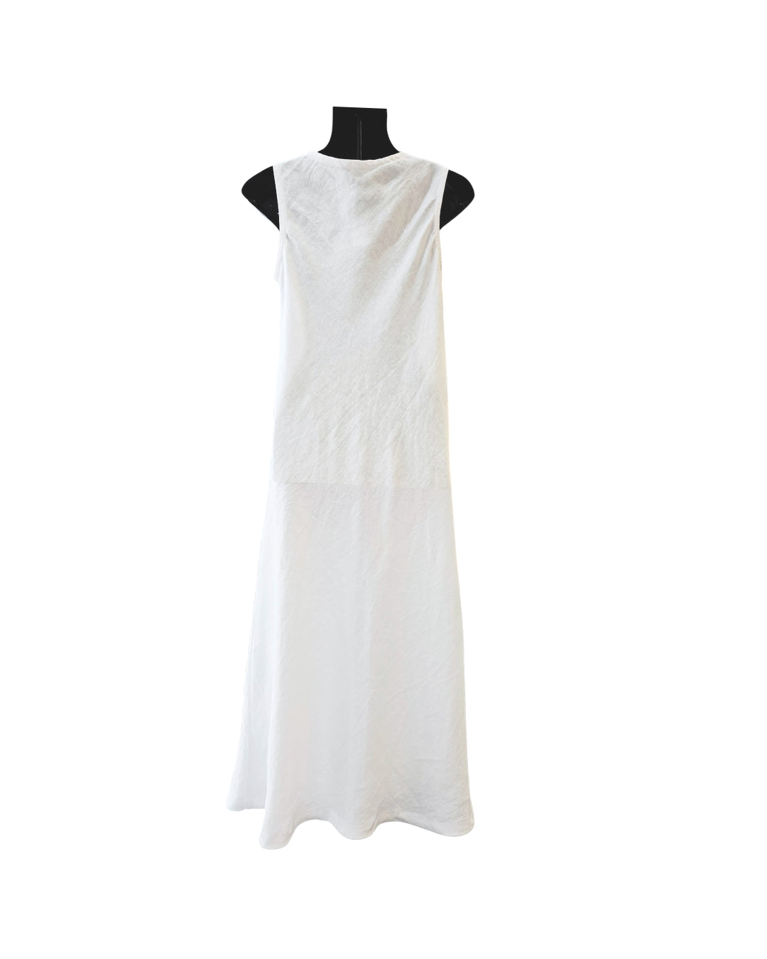 Linen Cruise Dress in White — lightweight pure linen dress displayed on mannequin with soft drape and bias-cut silhouette