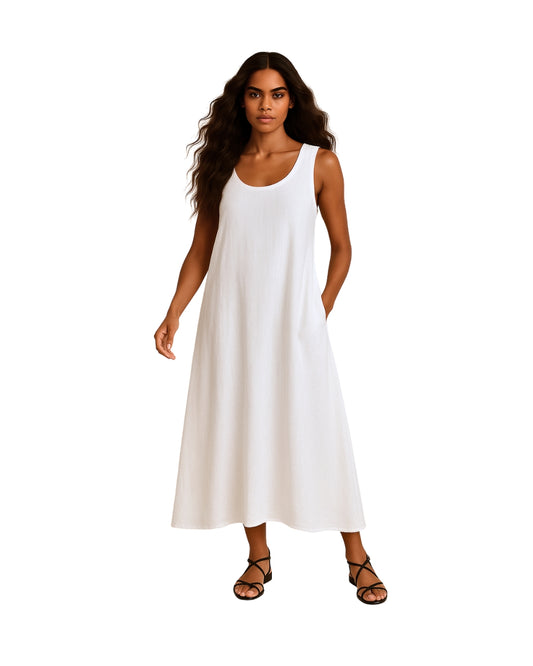 Model wearing the Linen Cruise Dress in White — women’s pure linen ankle-length dress with bias cut and side seam pockets