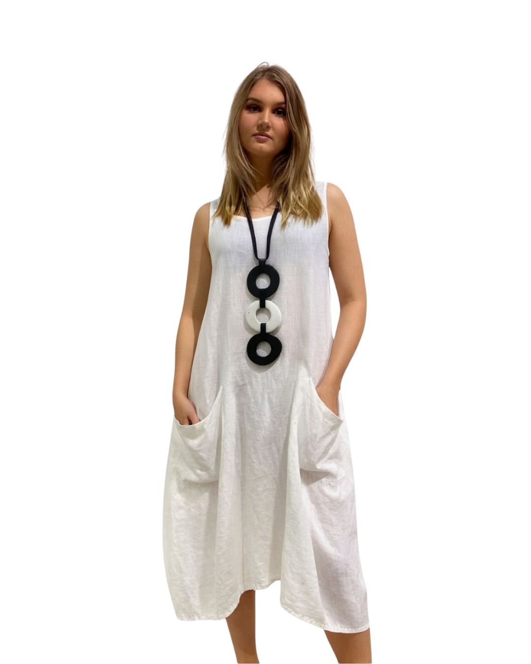 model wearing jen kahn Linen Sailing Dress – pure linen sleeveless dress