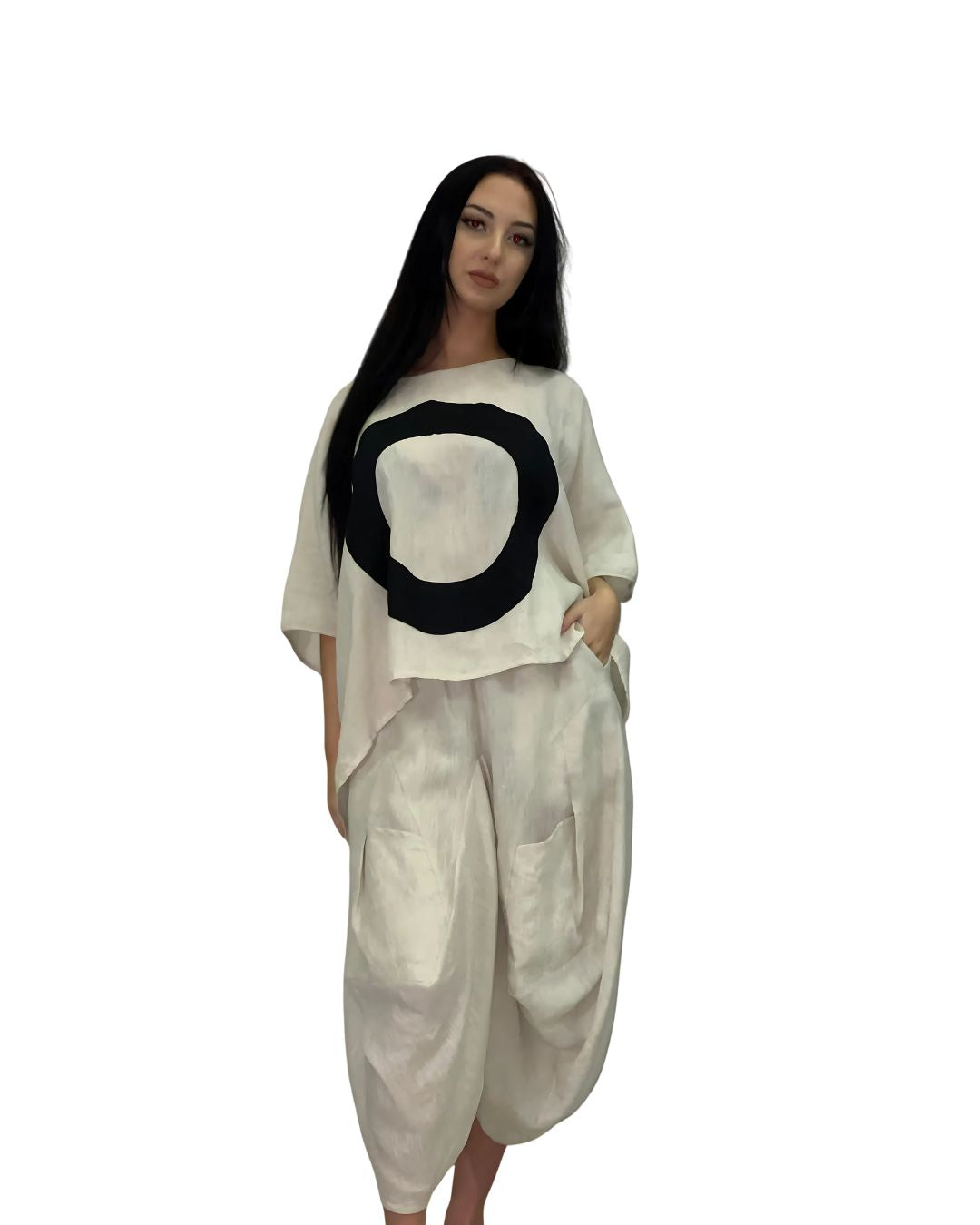 jen kahn Linen Samurai Pants in Natural on model — pure linen wide-leg free-size trousers