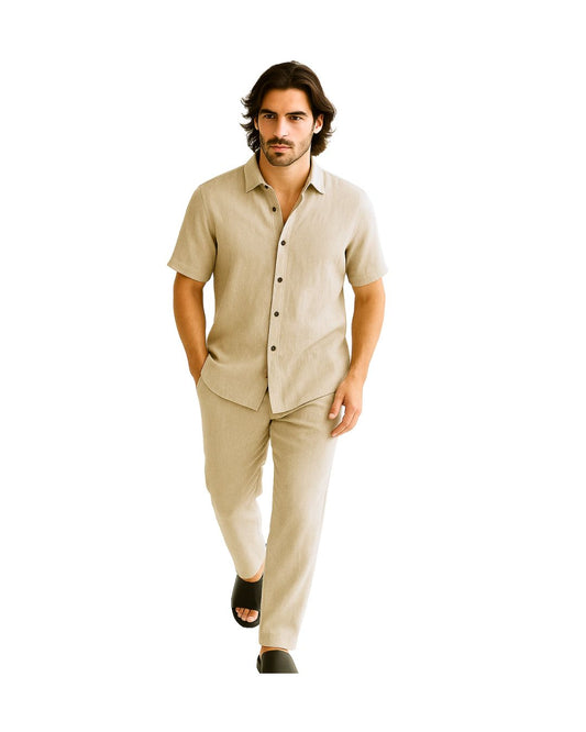 jen kahn Short Sleeved Linen Shirt in Beige – relaxed pure linen menswear