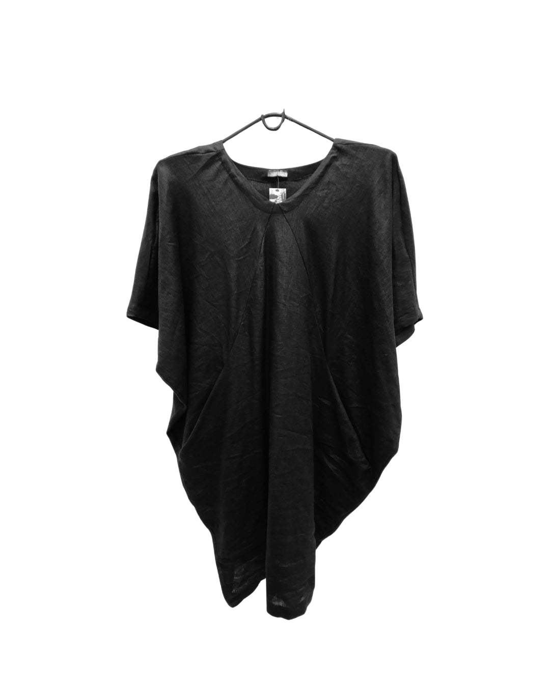 Linen Yachting Dress in Black — relaxed batwing shaped women’s dress in linen with soft V-neck and below knee-length tapered silhouette