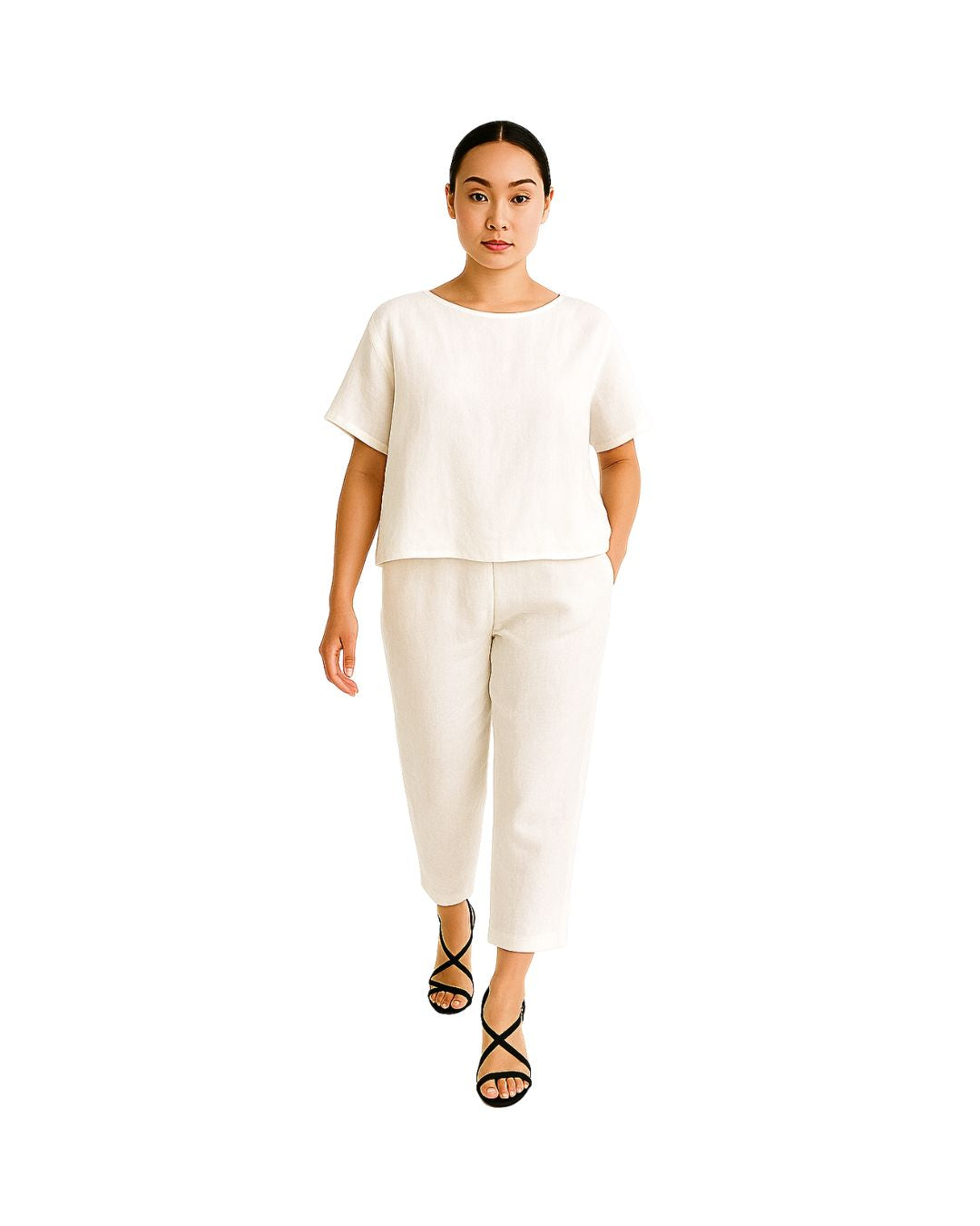Model wearing Straight Cropped Linen Pants in Natural – pure linen women’s cropped trousers