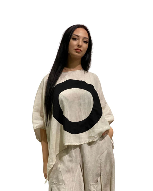 jen kahn Zen Linen Top in Natural – relaxed pure linen top with bold circle design